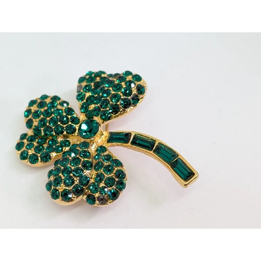 Vintage St Patrick's Day Rhinestone Shamrock 3-leaf Clover Tac Lapel‎ Pin